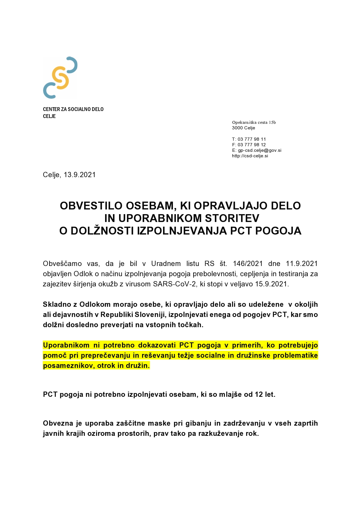 OBVESTILO CSD CELJE